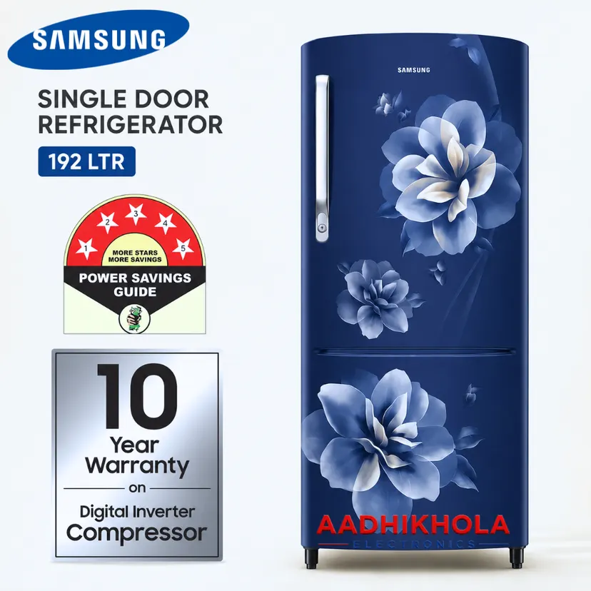 Samsung 192L Single Door Refrigerator = RR20C2722CU/IM | Digital Inverter Compressor | 10 Year Warranty | Energy Efficient Cooling | Camellia Blue Floral Design | Stylish Home Refrigerator | Direct Cool Technology
