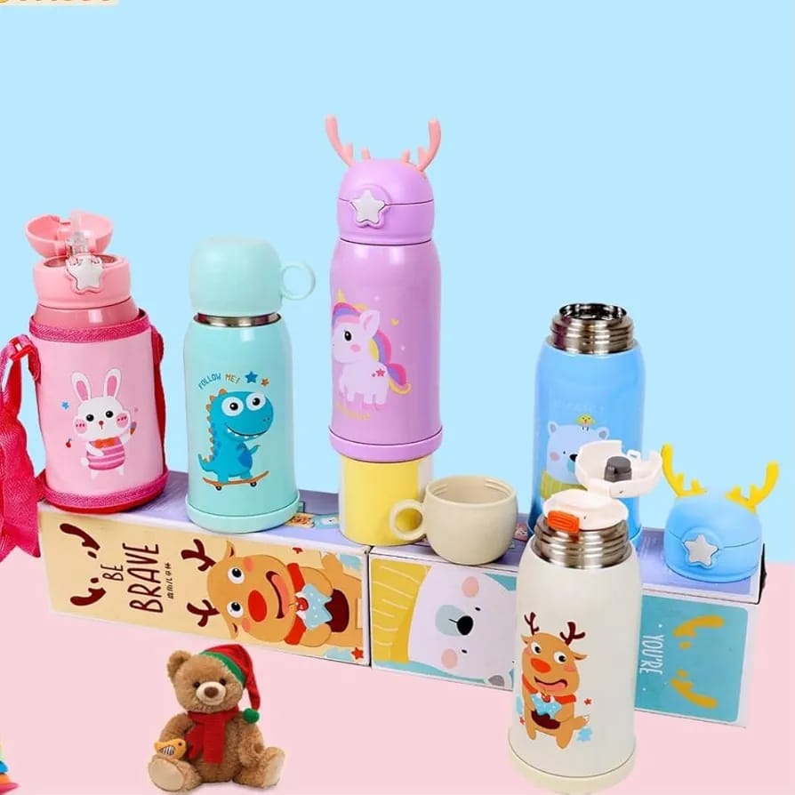 Cartoon Fawn Vacuum Stainless Steel Water Cup Student Antlers with Straw Bouncing Cup Portable Children's Thermos Cup