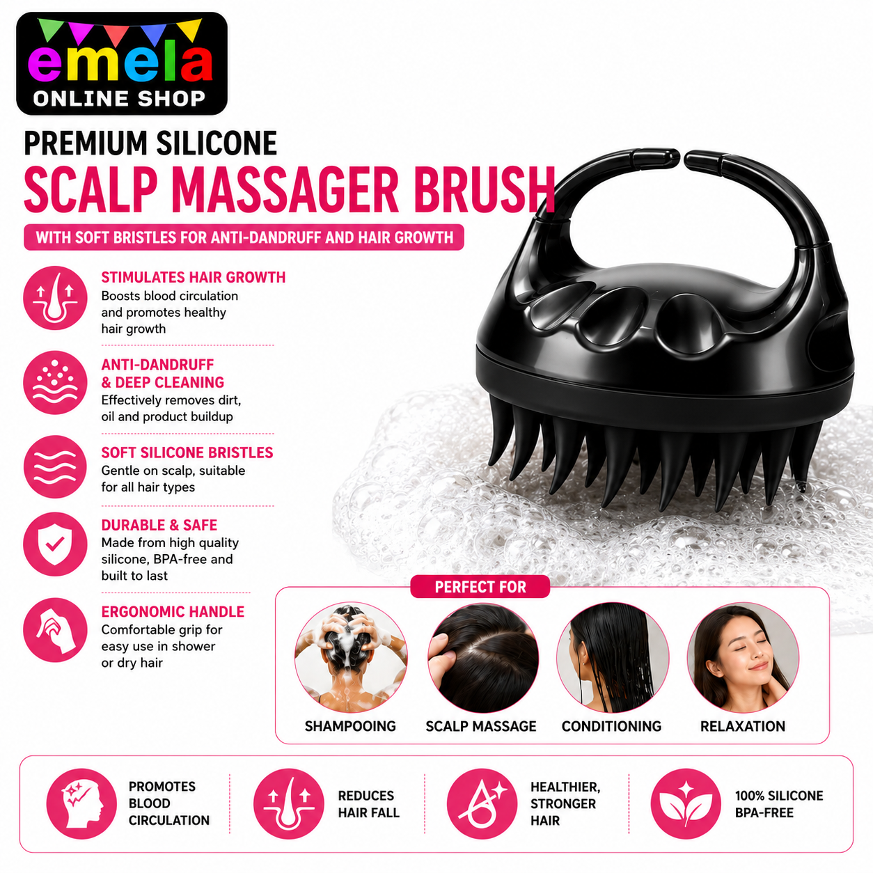 Premium Silicone Scalp Massager Brush with Soft Bristles for Anti-Dandruff and Hair Growth