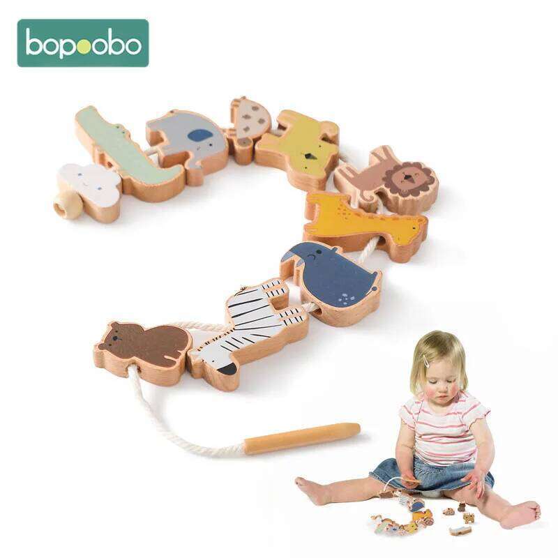 Baby Animal Threading Wooden Stacking Toys Board Games Montessori Hands-on Ability Educational Children Blocks Gifts