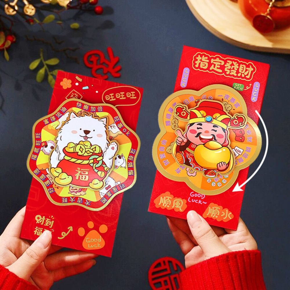 Spring Festival Supplies Cartoon Rotating Red Envelope Blessing Traditional God of Wealth Envelopes Cute Paper Money Pocket Red Packets Kids Gifting