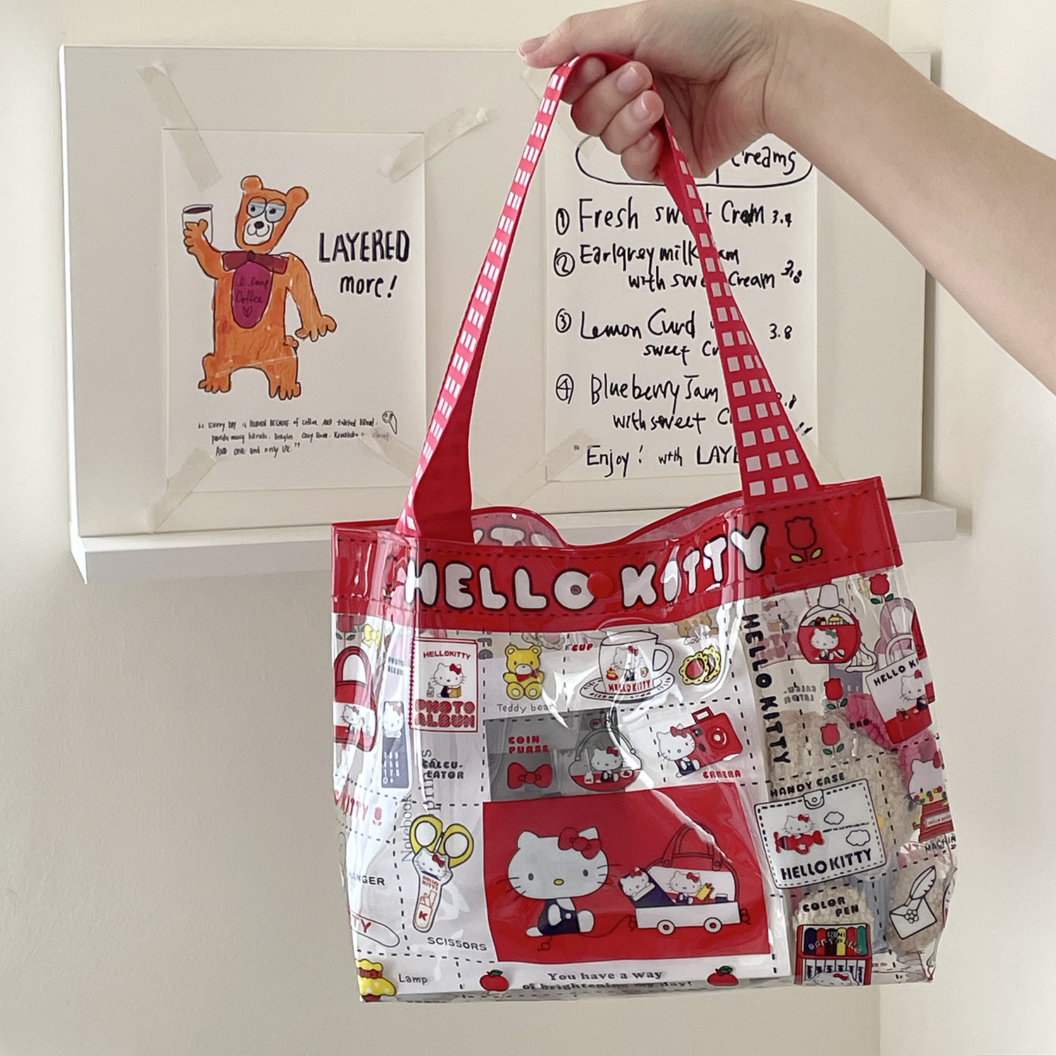 Sutuiying Kawaii Cartoon Red Hellokitty Handbag Girl Cute PVC Transparent Profesional Large Capacity Portable Makeup Bag Storage Bag