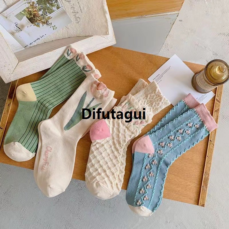 Difutagui 4 Pairs of Sashionable Long Socks for Girls Tulip Special Pile Socks Flower Series Medium Tube Socks