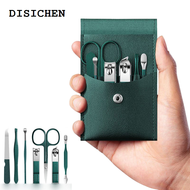 DISICHEN High Quality 7 Pcs Green Portable Manicure Sets Pedicure Kits Nail Clipper Set Eyebrow Scissors Earpick Personal Care Tools Traval