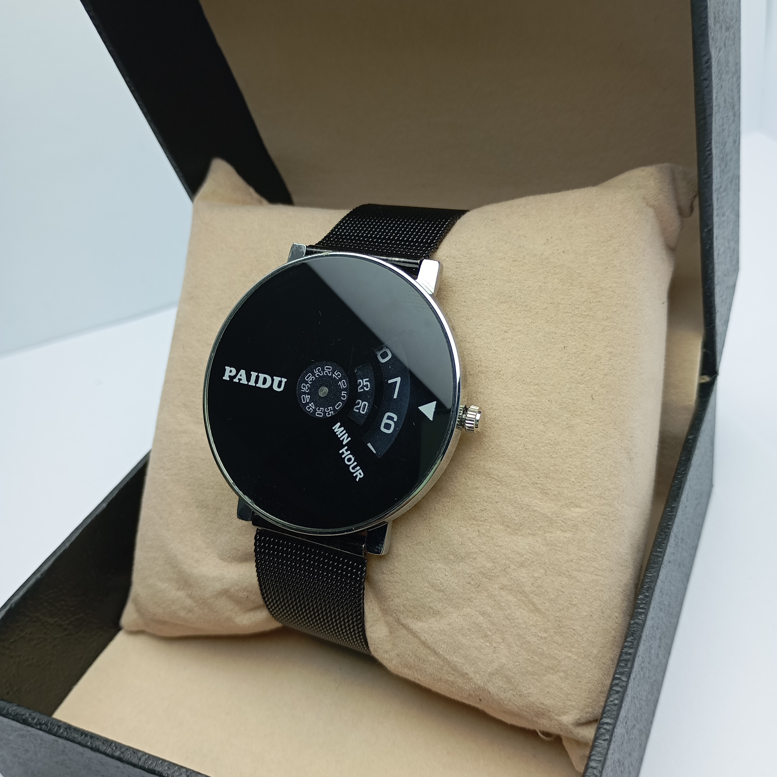 PAIDU Round Shape Black Dial With Black Stainless Steel Chain Turntable Watch For Men | Fashionable Round Dial Watch For Men || Sold By Watch House