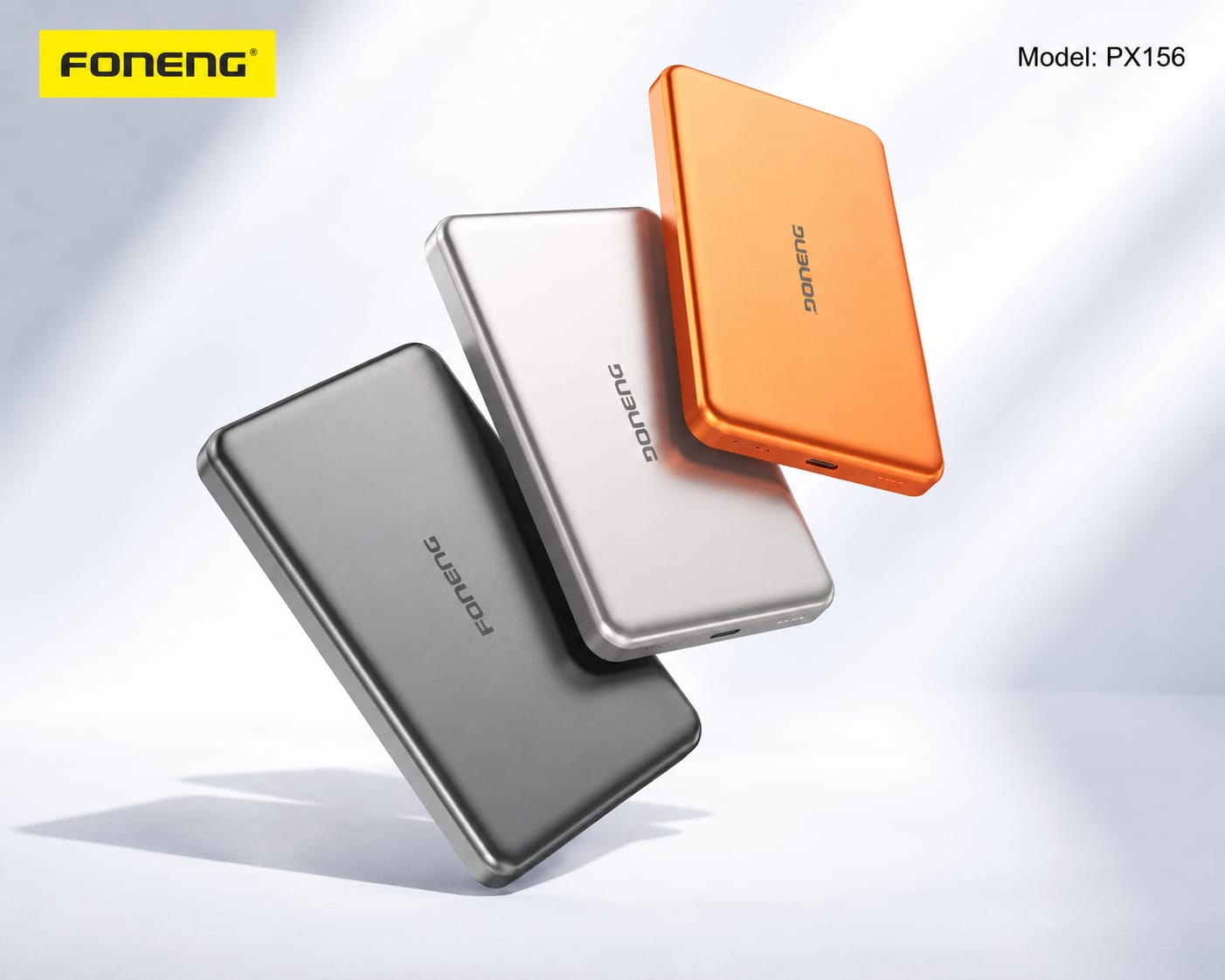 Foneng 10000mah powerbank | Ultra thin | Magsafe | 20Watt PD Fast Charging |15W Wireless Charging | QC3.0 | 3C Certified | Metallic coating |1 year warranty | Orange,Silver & Gray| PX156|