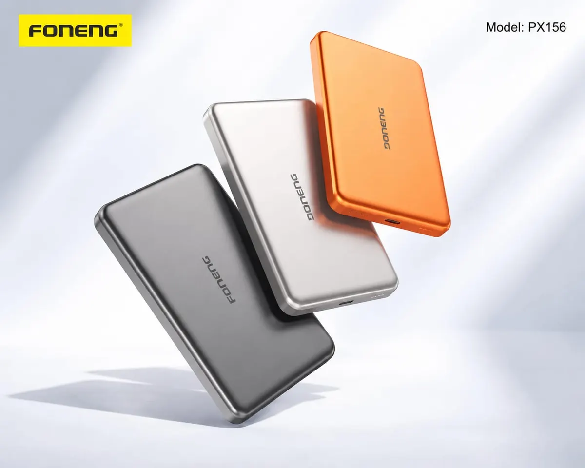 Foneng 10000mah powerbank | Ultra thin | Magsafe | 20Watt PD Fast Charging |15W Wireless Charging | QC3.0 | 3C Certified | Metallic coating |1 year warranty | Orange,Silver & Gray| PX156| - image 1