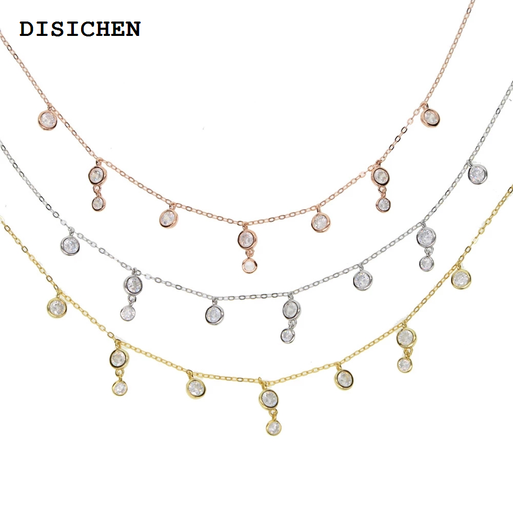 DISICHEN Hot Selling 925 Sterling Silver Jewelry Drop Cz Bead Double Cz Charm Link Choker Necklace Gift For Women Girl Layer Multi Fashion Jewelry