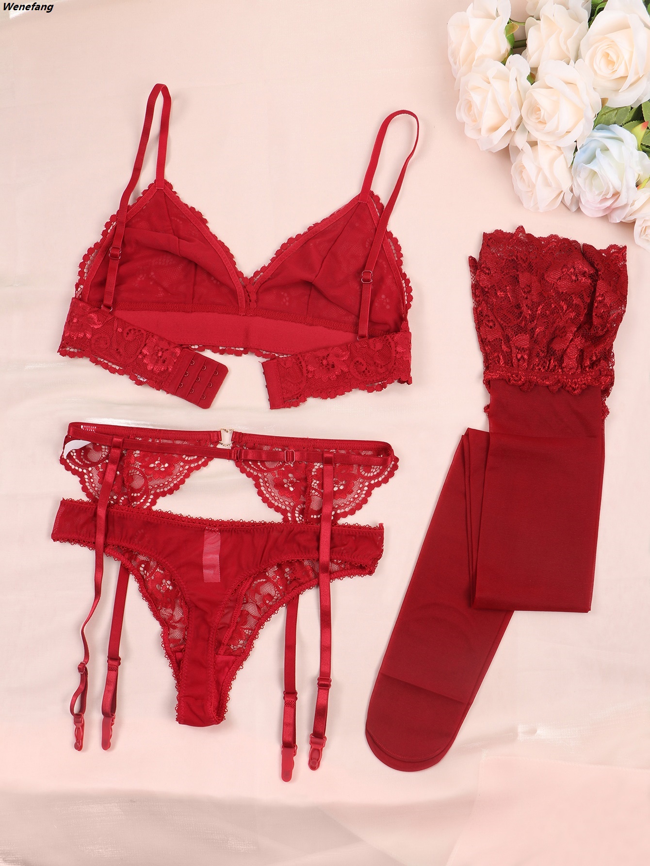 Wenefang Varsbaby Women Lace Bra Sets Non-padded Bra Panty Garter Sales promotion Belt Stockings 4pcs Summer Underwear Lingerie