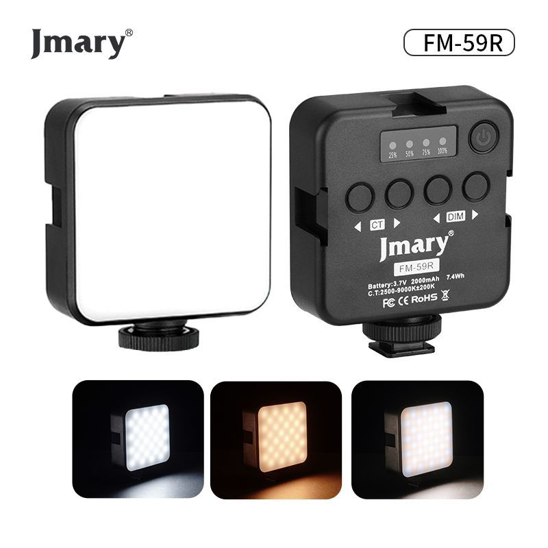 JMARY FM-59R Mini LED Video Fill Light - 2000mAh Rechargeable Photography Light - Adjustable 2500K-9000K Color Temperature - 3 Cold Shoe Mounts for Vlogging, TikTok, YouTube, DSLR Cameras & Smartphones