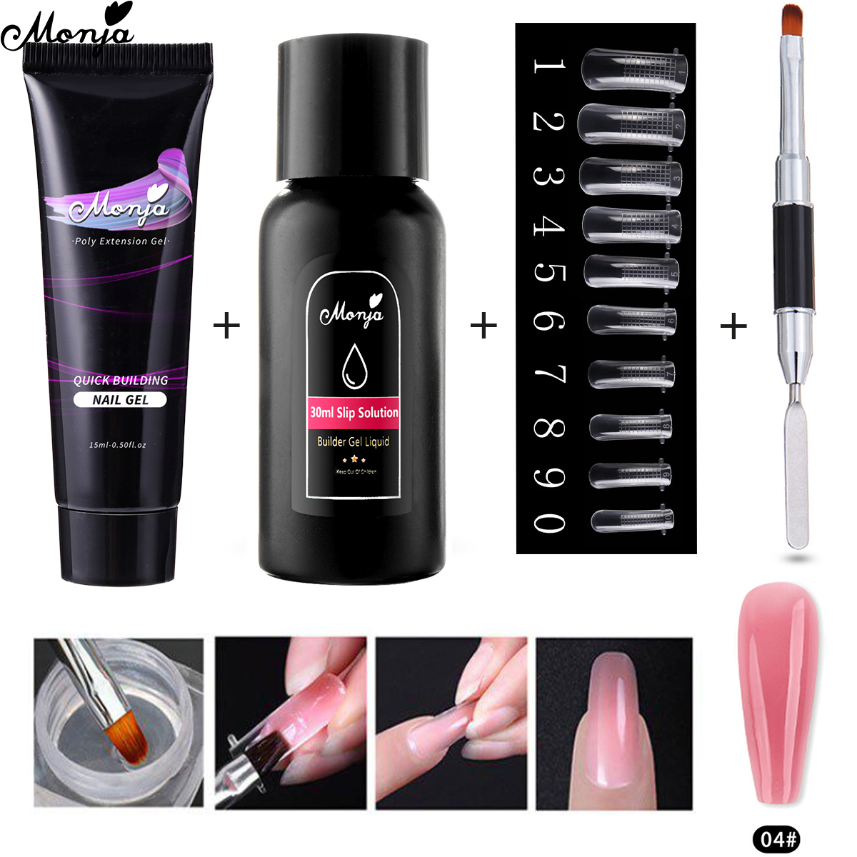 Bizzy Monja 4 Pcs/Set Nail Art Kit Acrylic Brush Slip Solution Liquid Uv Gel For False Nail Diy Quick Extention Building Manicure Tool