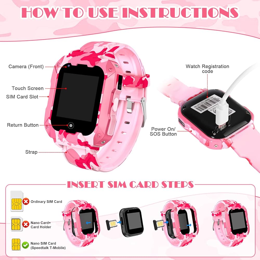 T28 Kids Smartwatch: Safety and Fun | GPS + LBS Tracking | 2G SIM for Voice and Messaging | 1.44-inch Color Touchscreen | 0.3 MP Front Camera