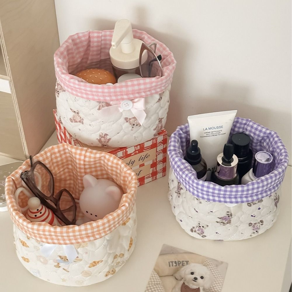 Cute Sweet Bear Series Desktop Storage Basket Cylindrical Quilting Cotton Storage Box Large Capacity Cartoon Organizer Box Home Decoration