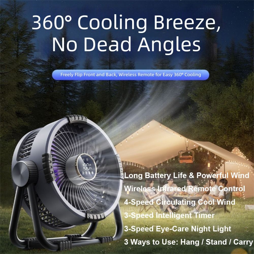 Wireless Ceiling Fan 20000MAH Camping Ceiling Fan LED Light Rechargeable Fan Multi-gear Adjustment Hook Patio Fan Fishing
