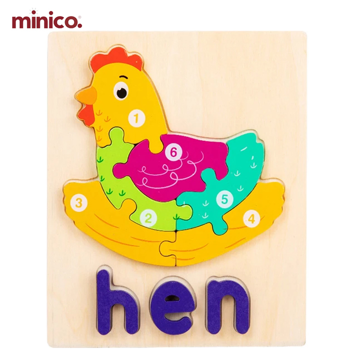 Cute Baby Colorful Wooden Hen Shaped Puzzle, Numerical Number with Animal Name Early Learning & Education Toys for Kids