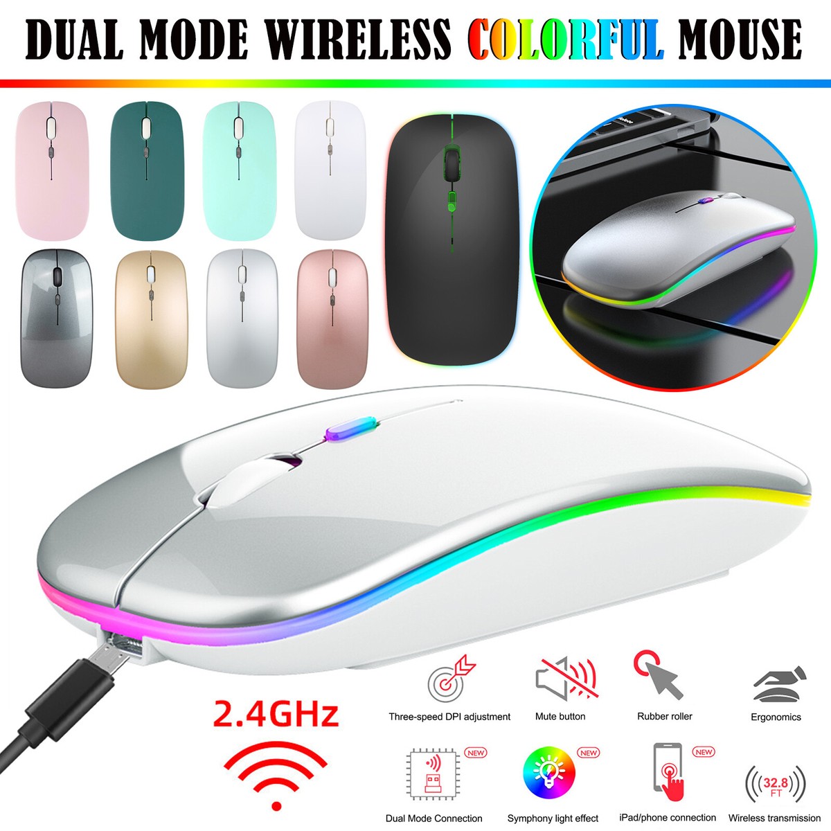 Wireless Bluetooth Mouse Rechargeable Laptop Mice with LED Use Portable(BT5.2 and USB 2.4G) Dual Mode Connection Silent Slim Mouse