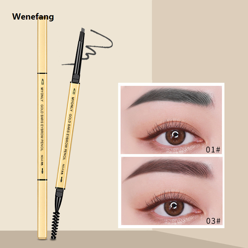 Wenefang Golden tube double headed eyebrow pencil, extremely thin, three-dimensional triangle headed eyebrow pencil with eyebrow brush