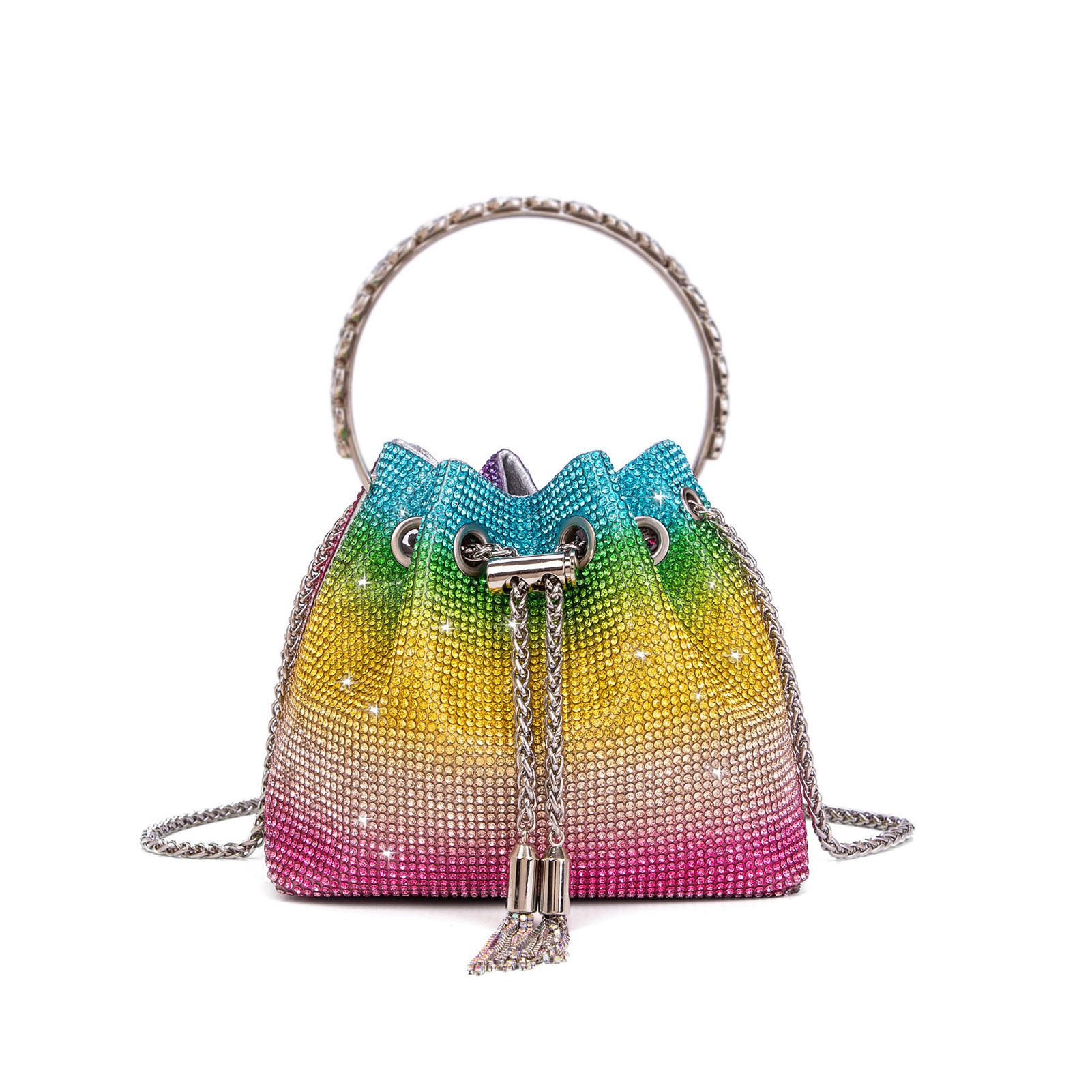 Diamond-Encrusted Shiny Drawstring Handheld Small Bucket Bag High-Quality Crossbody Small Bag Trendy Dinner Bag