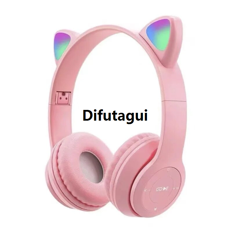 Difutagui Girls Stereo Fold Wireless Headphones Kids Cute Cat Ears Bluetooth Compatible Headphones With LED Stacks Sports Headphones With Microphone