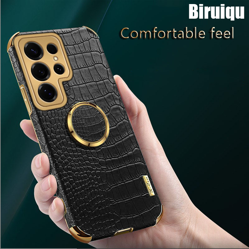 Biruiqu For Samsung Galaxy S25 S25+ S25 Ultra Cases Luxury Crocodile Leather Anti-drop Back Cover With Finger Ring Bracket