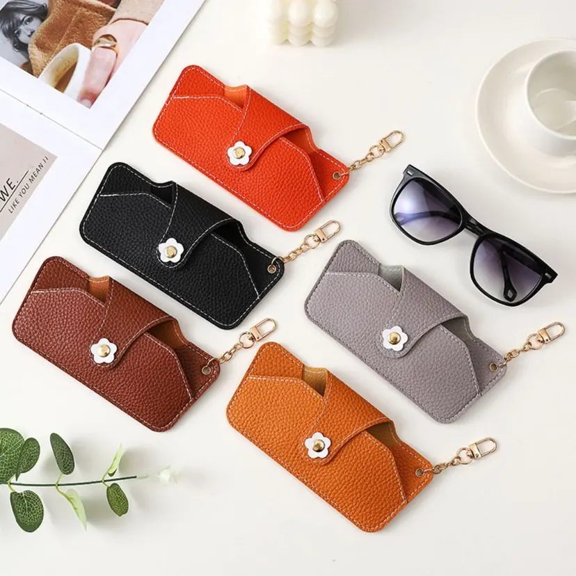 Soft Snap Flower Glasses Case With Keychain Eyeglasses Container Eyeglasses Protective Box Glasses Holder PU Sunglasses Bag Women