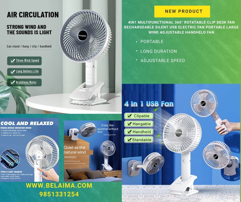 4in1 Multifunctional 360° Rotatable Clip Desk Fan Rechargeable Silent USB Electric Fan Portable Large Wind Adjustable Handheld Fan