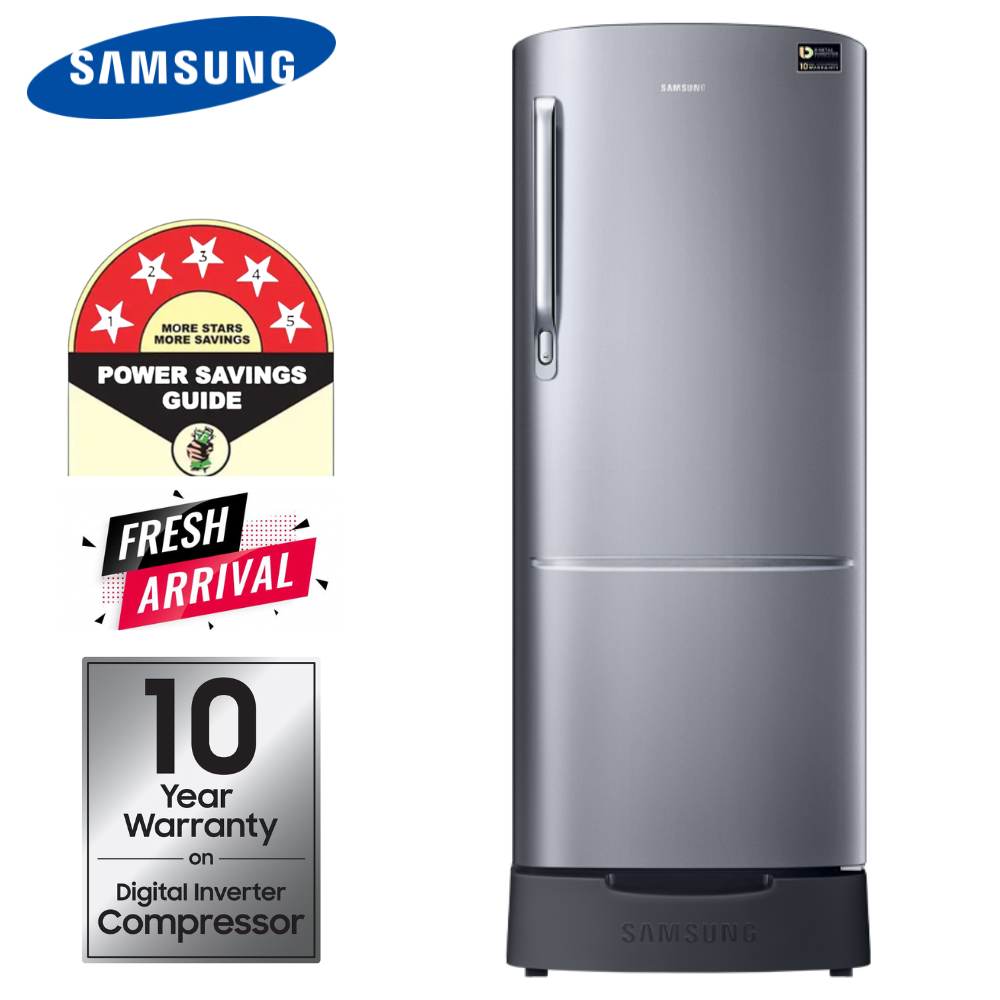 Samsung 192L Single Door Refrigerator = RR20M282ZS8 with Digital Inverter Technology, Energy Saving Performance, Fast Direct Cooling System, Low Noise Operation, Stabilizer Free, Stylish Chrome Door Handle & Stylish Silver Finish