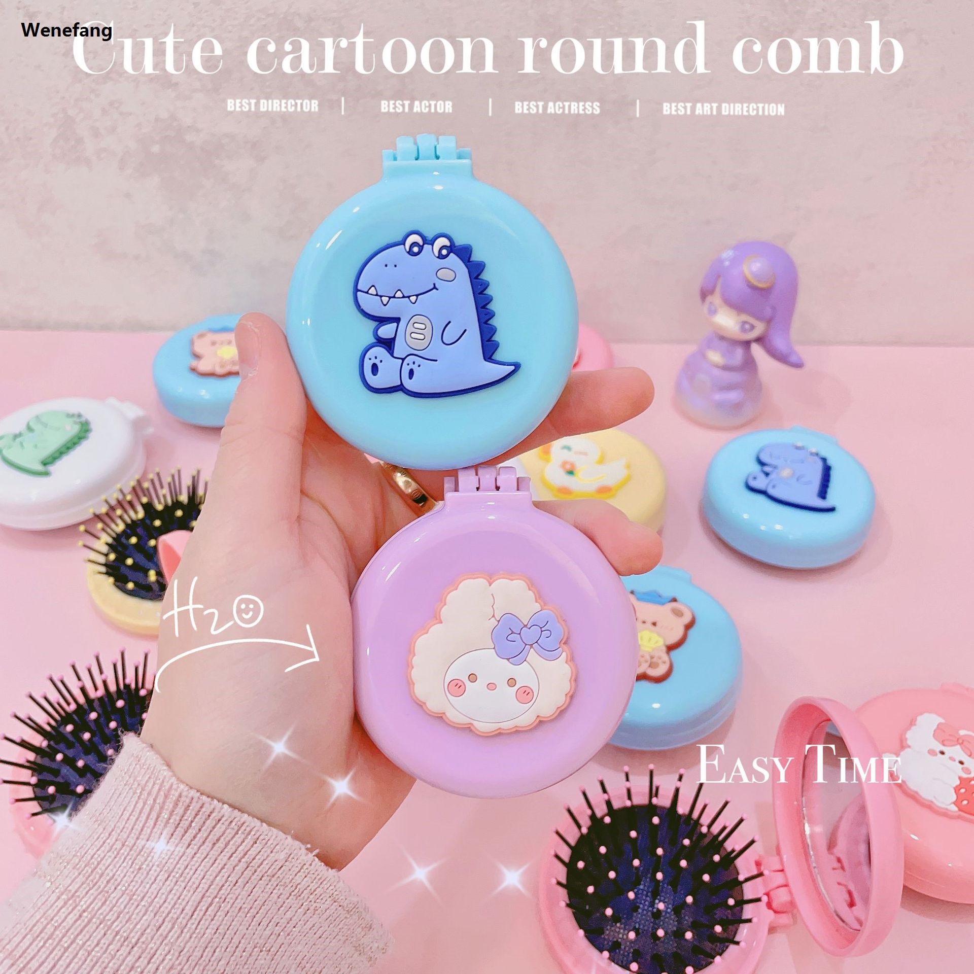 Wenefang 1PC Cute Cartoon Makeup Comb Mirror Folding Massage Hair Brush Round Mini Airbag Comb with Mirror Travel Comb Handheld Mirror