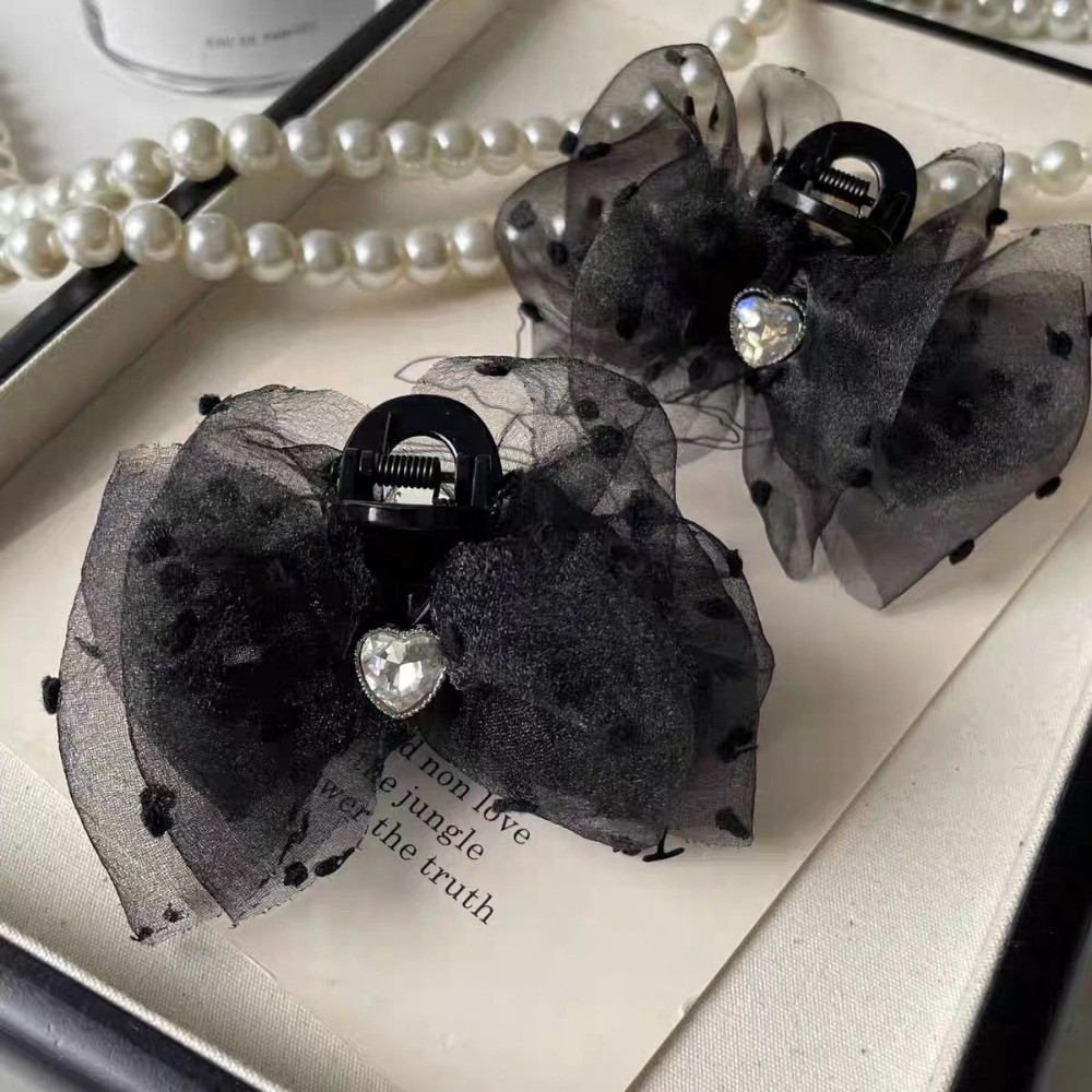 New Black Chiffon organza Hair Claw Clip Korean Vintage Heart Rhinestone Shark Clip Elegant Barrette Hair Accessory for Women Pan Hair