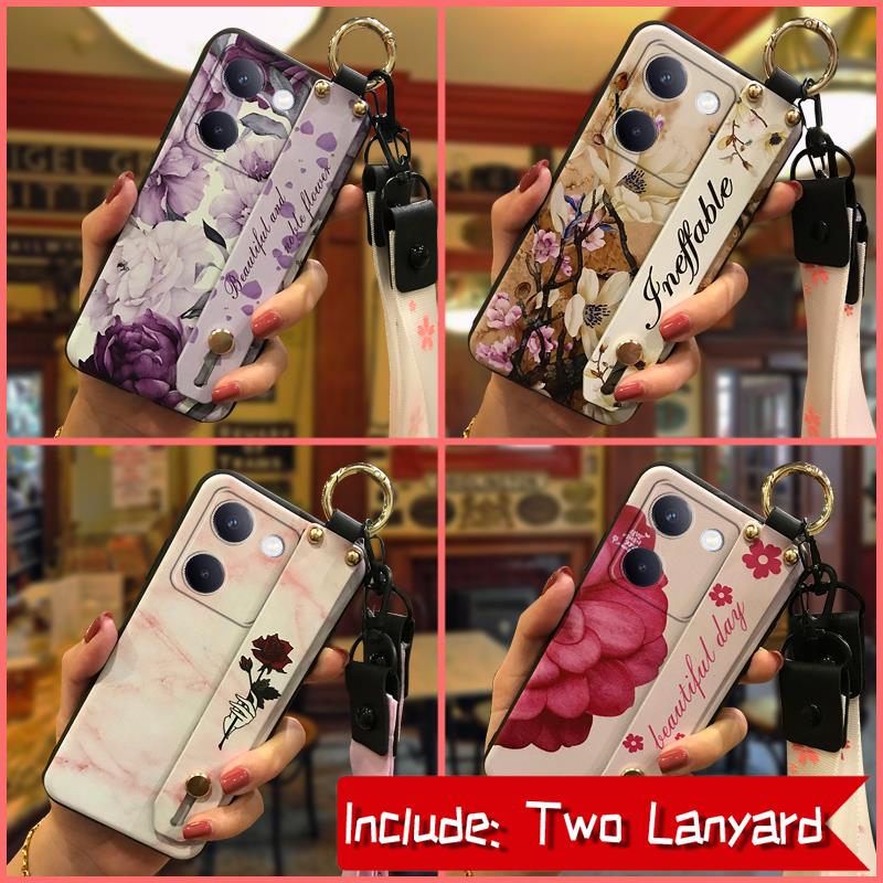 Dirt-resistant Anti-knock Phone Case For VIVO Y100 5G China Durable Anti-dust Shockproof Wrist Strap Phone Holder Flower