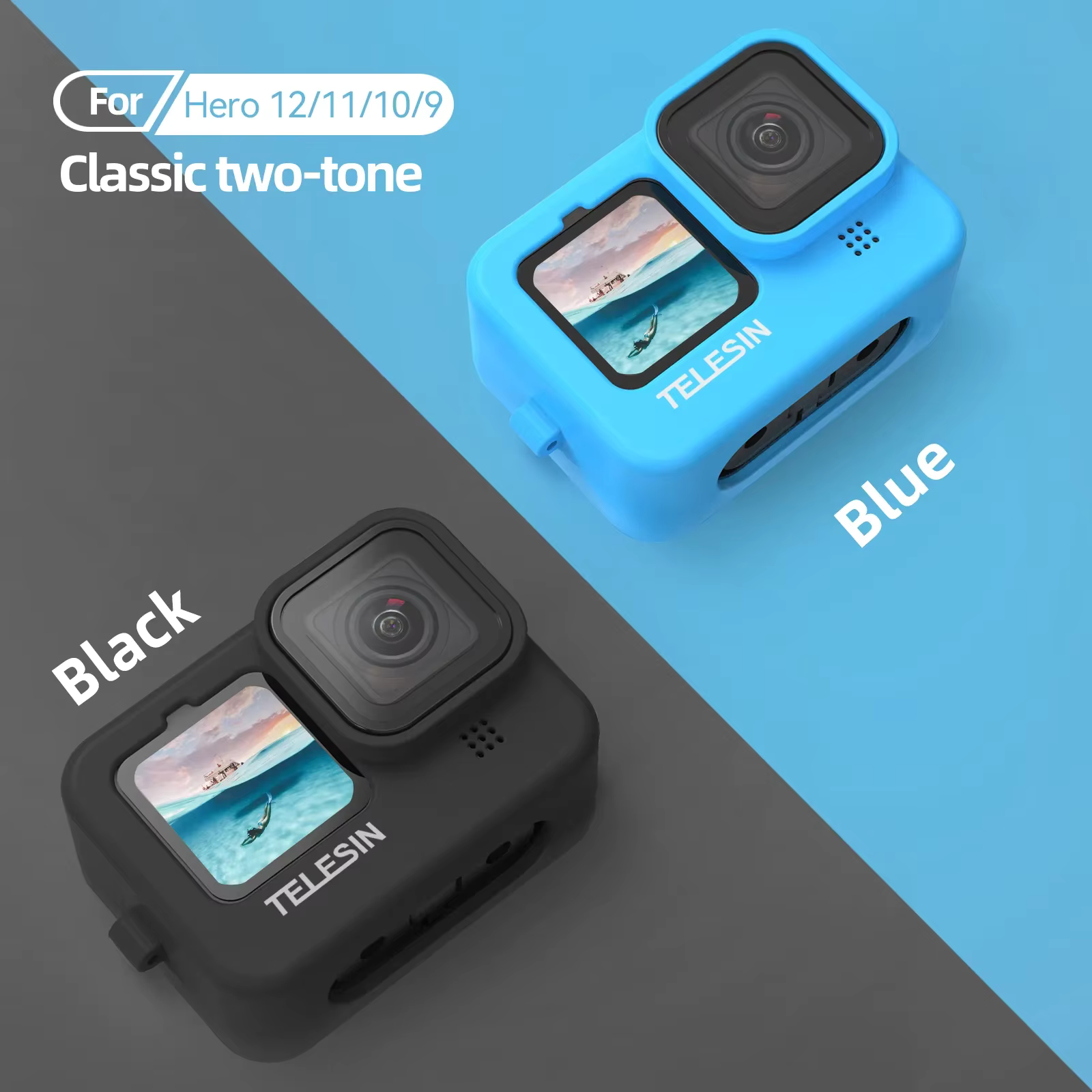 TELESIN Silicon Case for GoPro Hero 12 11 10 9 Action Camera with Lens Cap || Gizmo Nepal (Black/Blue)