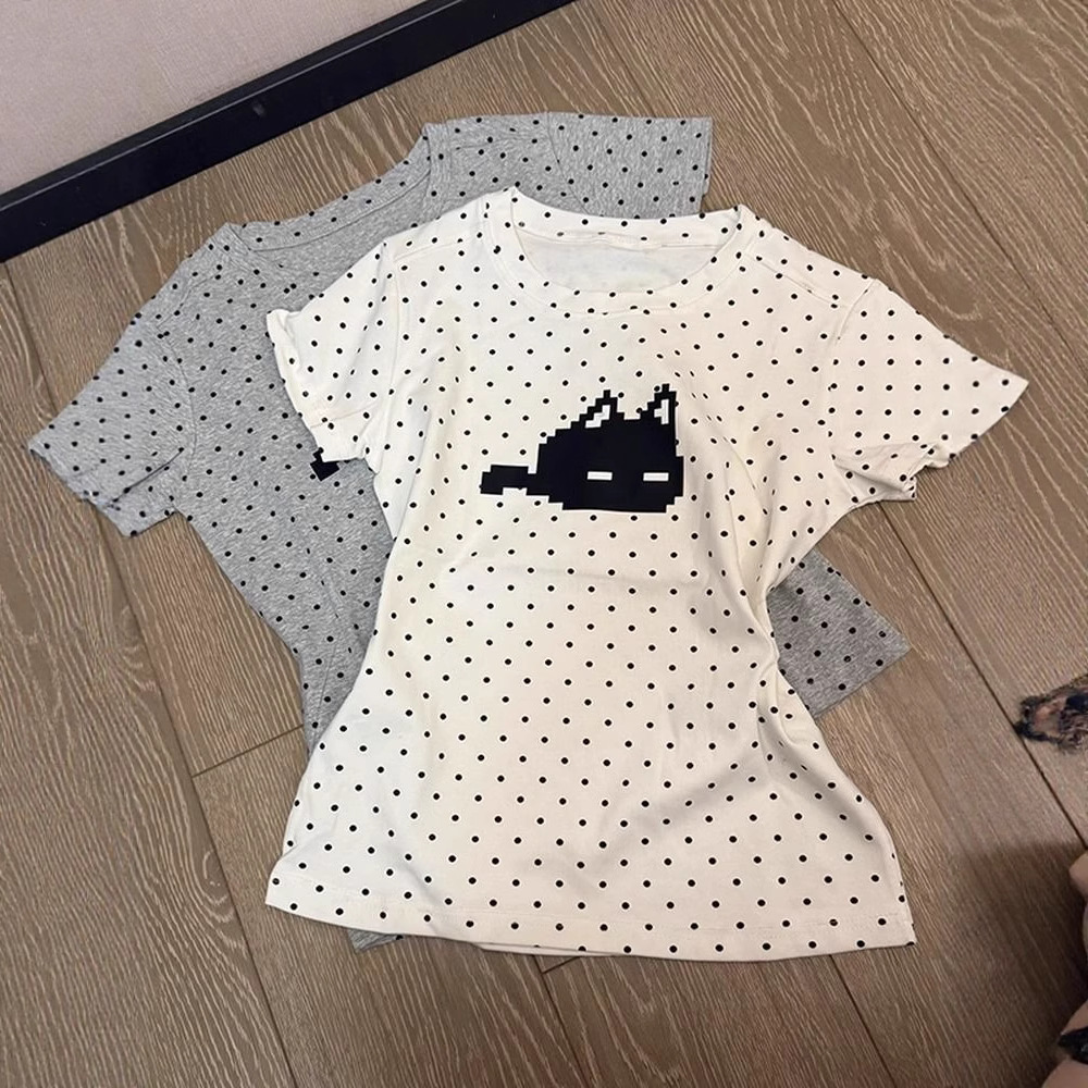 Korean Style White Polka Dot Cat Print Women Short Sleeve T Shirt Summer Slim Fit Waist Cinching Trendy Short Top