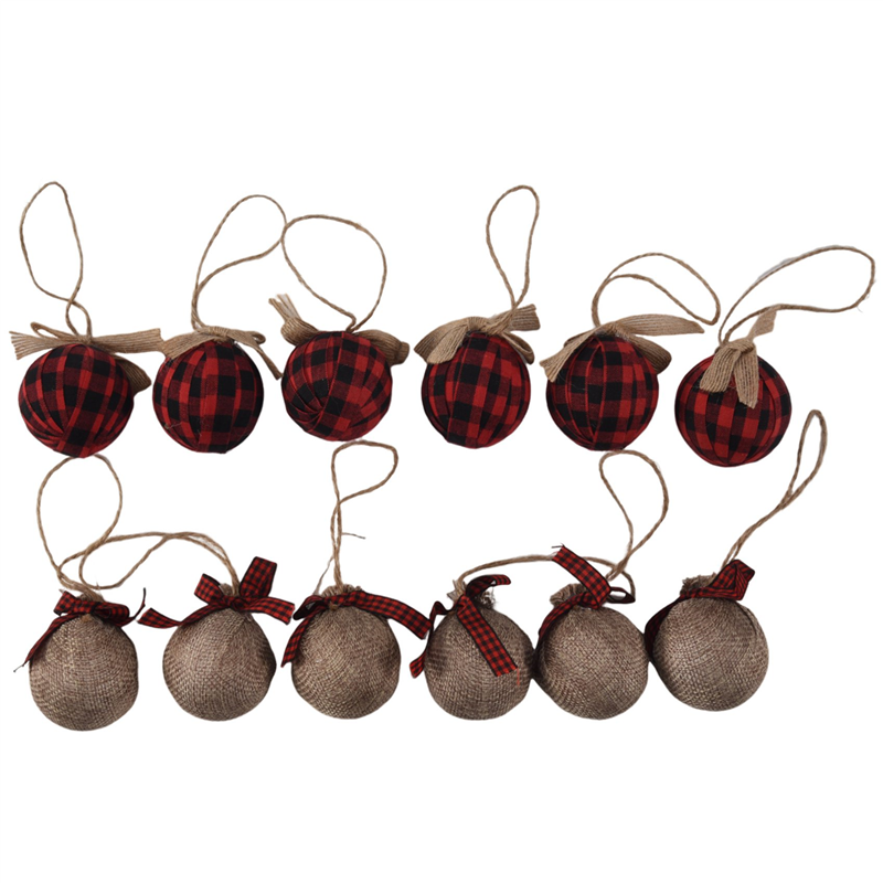 NAMUNY Christmas Tree Ornaments, 12 Pcs 2-1/2 Inches Red Black Check Stitching Burlap Christmas Decorations