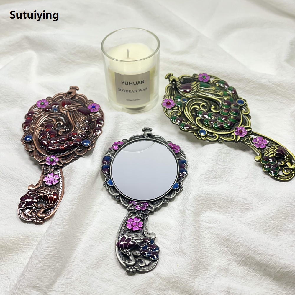 Sutuiying 2pcs/Set Vintage Peacock Handheld Mirror Set Portable Tabletop Fashion Glass Mirror with Varnished Metal (rhinetone Color Random)