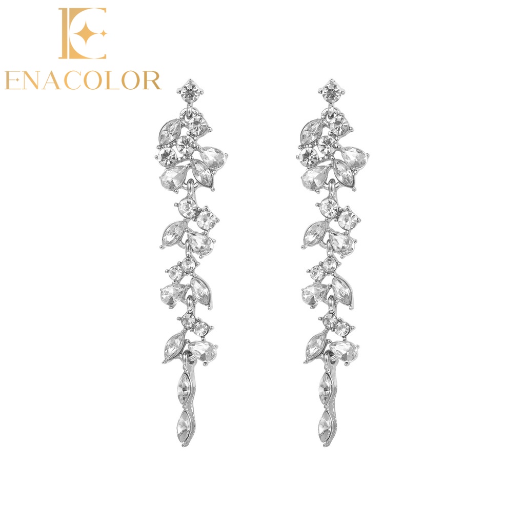Enacolor Delicate Luxury Zircon Leaves Long Dangle Earrings for Women Girl Accessories
