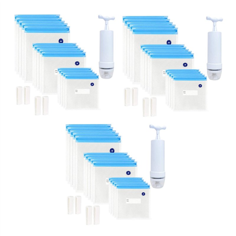 60Pack Reusable Electric Vacuum Food Storage Save Sealer Cooker with 3 Hand Pump,3 Size Sealed Bag,12 Clip