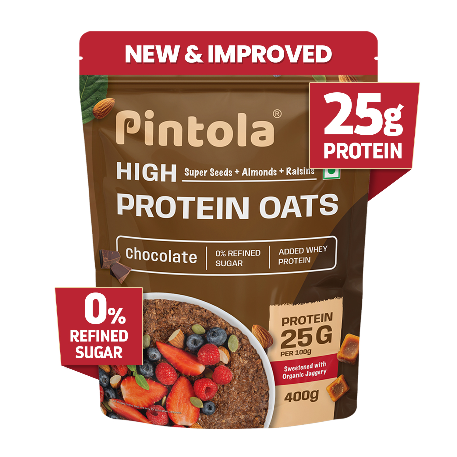 PINTOLA 25g High Protein Oats 400g, Dark Chocolate,No Refined Sugar, with Almonds Raisin, Pumpkin and Chia Seeds, 8g Fibre, Rolled Oats, Breakfast Cereals | Gluten Free