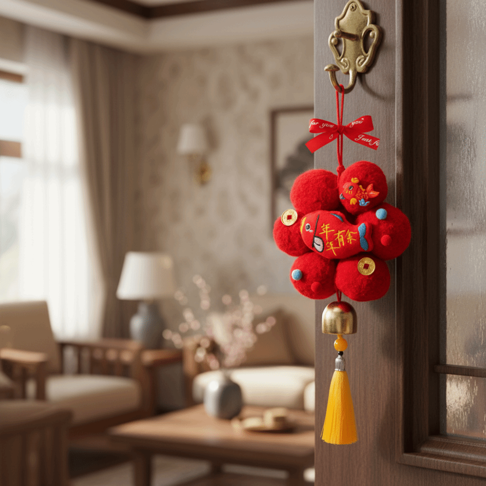 Festive Chinese Zodiac New Year Decoration Handmade Soft Red Flower Pendant Horse Design Blessing Spring Festival Door Hanging New Year Celebration