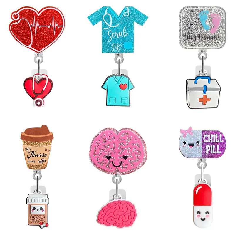 Cute Nurse Badge Reel, 6PCS Funny Nursing ID Card Glitter Badge Holder Retractable Clip Nurse Name Tag Holder