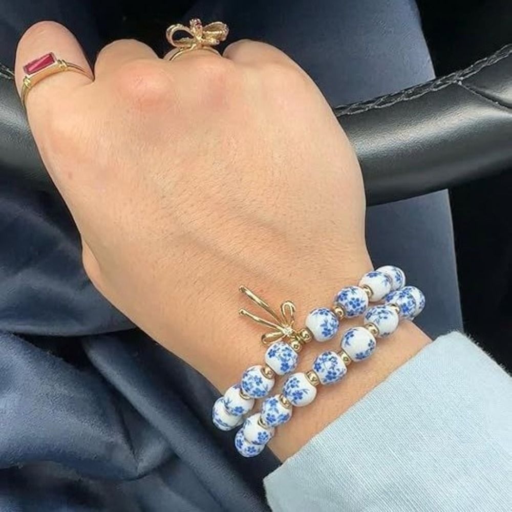 Classic Elastic Blue and White Porcelain Bracelet Metal Beads Vintage Beads Bracelets New Chinese Style Bracelet Girls