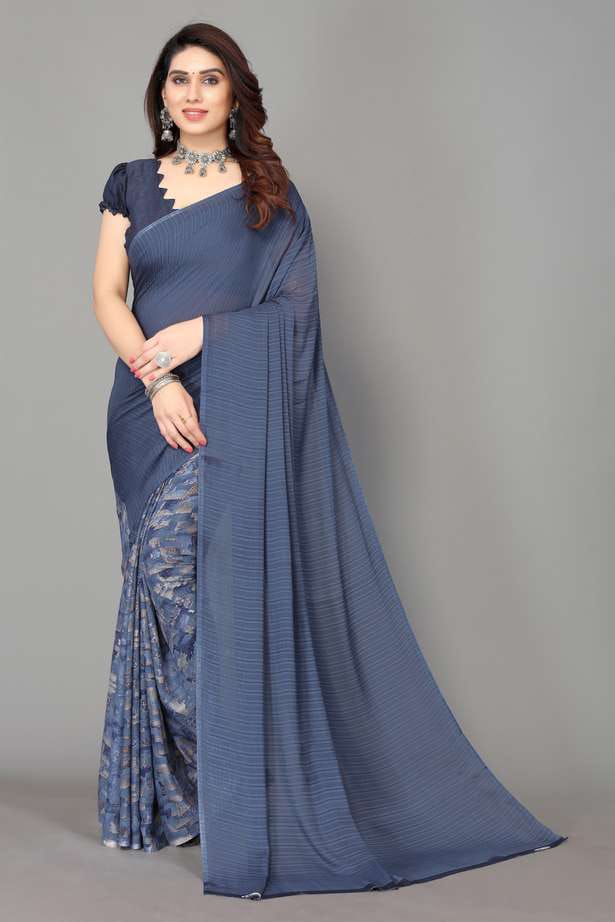 Fabdale Floral Printed Georgette & Chiffon Saree with Blouse | Party & Festive Wear (SMH-002)