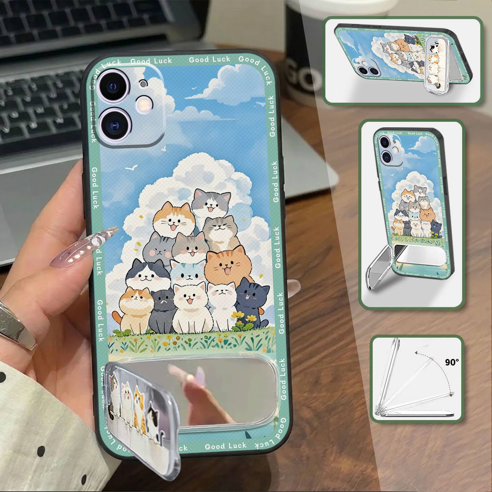 Kickstand Makeup Mirror Phone Case For iphone 11/ip11 Cute Phone Pouch Durable Back Cover Cloth Patch Plush Mirror 3D