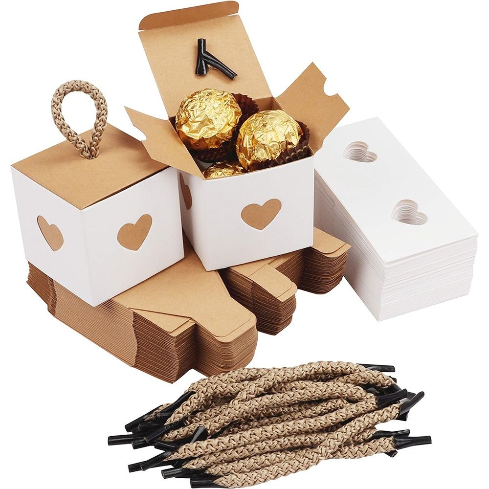 10pcs Souvenir Mini Wedding Favor Box White & Brown Heart Kraft Paper Chocolate Candy Boxes Party Decor Cute Gift Packaging Boxes Baby Shower
