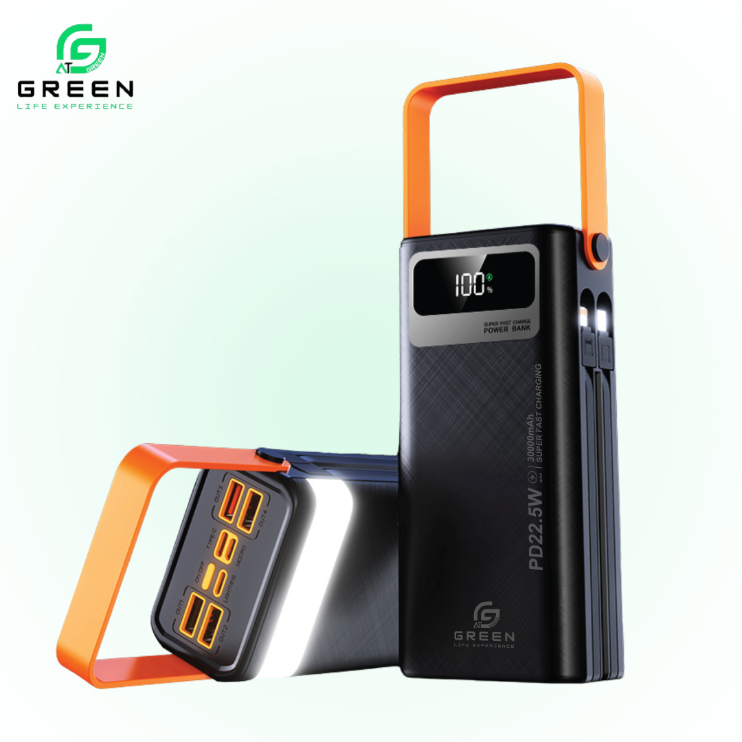Green Thunder X4 Powerbank | 30000mAh PD Fast Charging | Removable Attach Wire | Emergency Flash Light | 22.5W | 7 Output Ports | 2 Input Ports | Two Way PD Fast Charging | Digital Display | QC 3.0 | Lithium polymer Large Capacity Battery | Portable