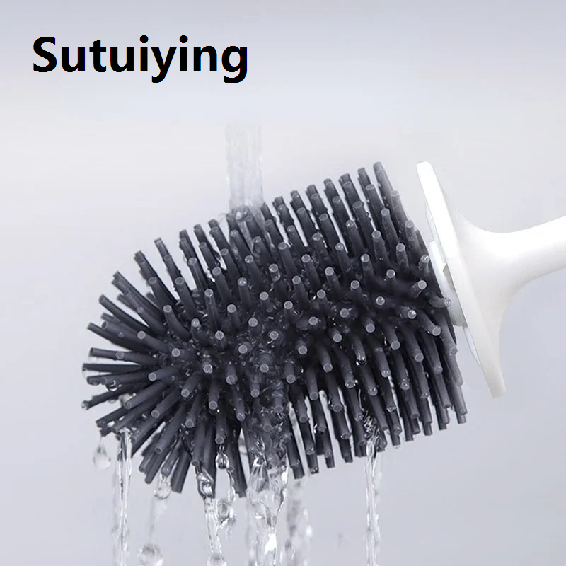 Sutuiying Bathroom Black Toilet Brush Soft TPR Silicone Brush Head No Dead Corners Home Floor-standing Cleaning Brushes WC Accessories