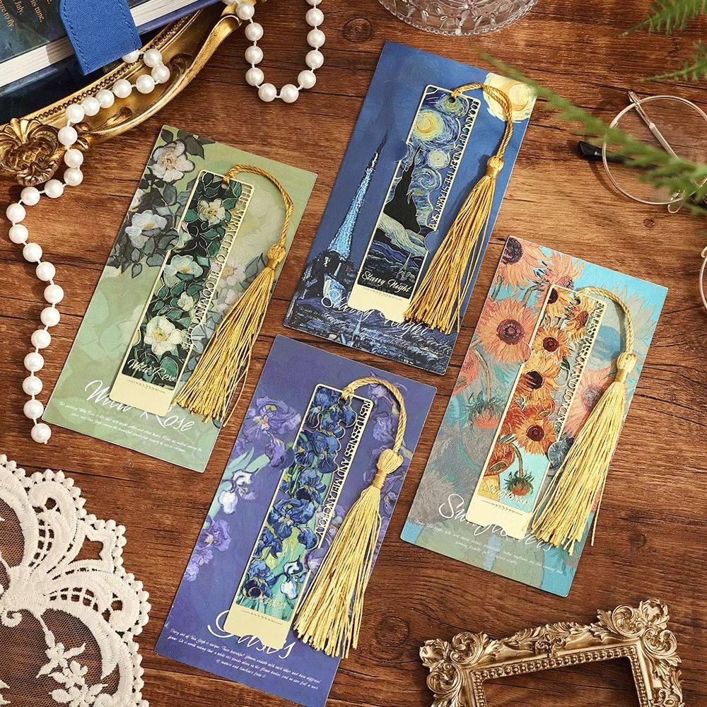 New Hollow Metal Bookmark Exquisite Rectangular Book Marks Landscape Flower Oil Painting Style Reading Stationery for Student Kids