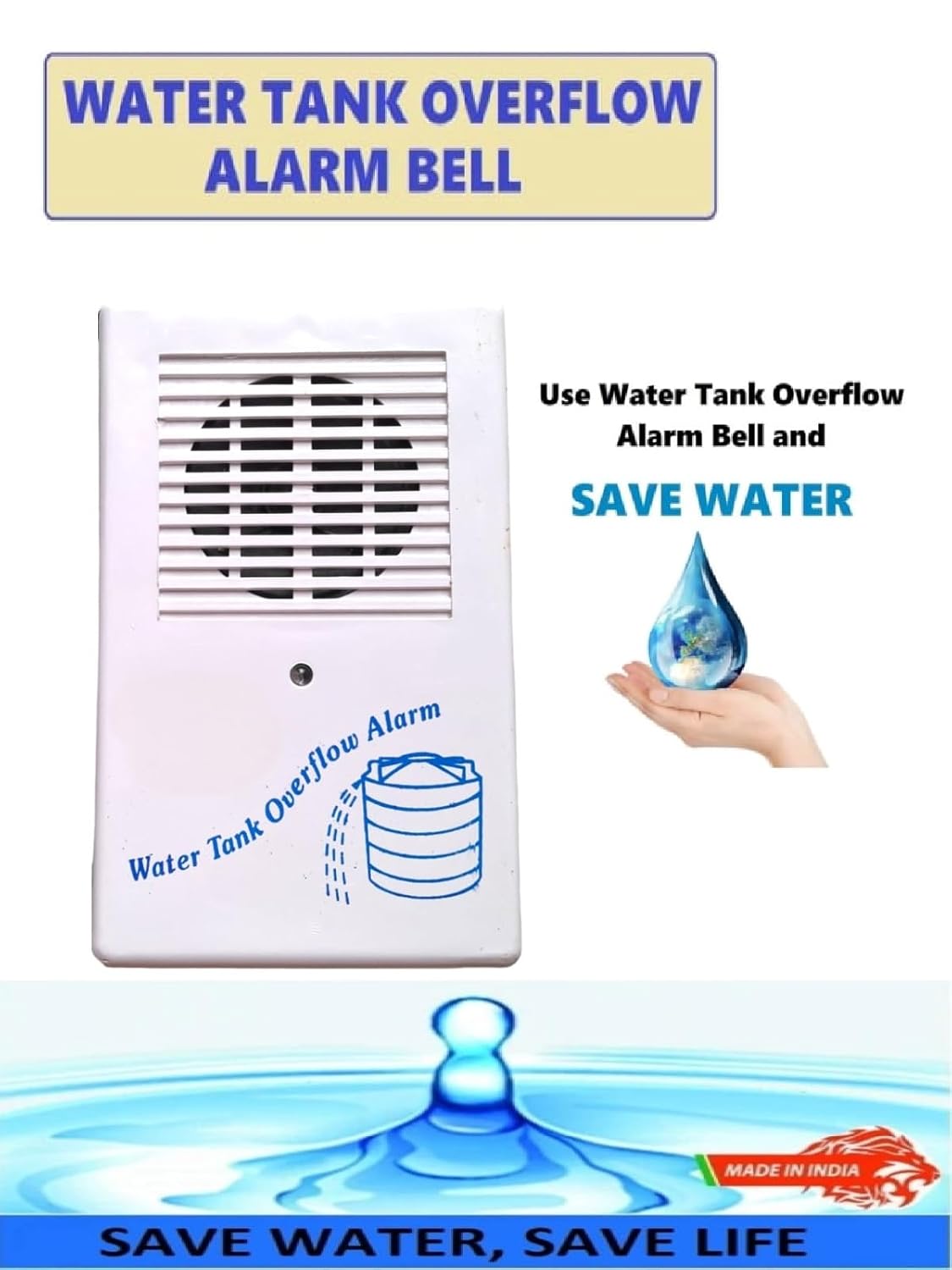 Tank Overflow Alarm Siren with Voice Sound, Wired Sensor Security System Water Alarm Bell, White (Water Bell)