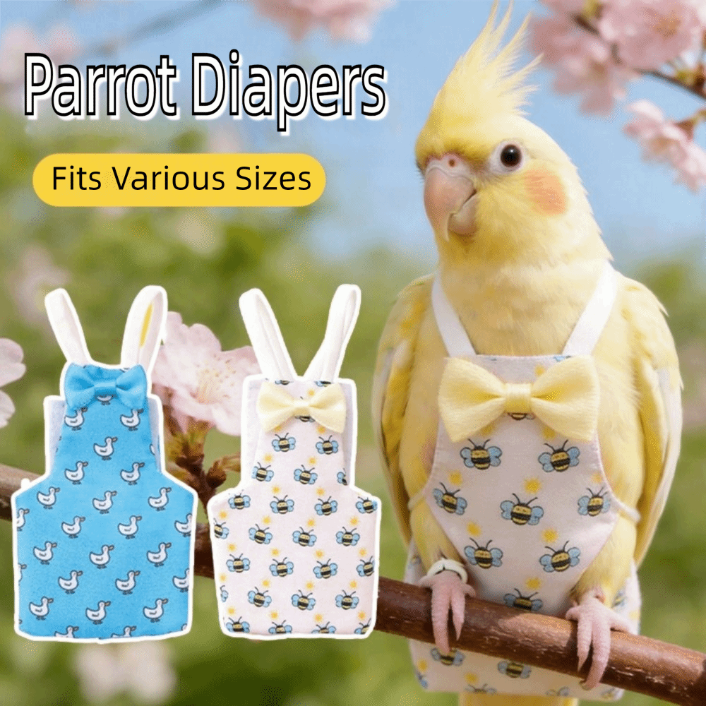 Cute Small Animals Print Parrot Diaper with Bowtie Dirt-proof Cockatiel Pigeons Washable Pet Birds Flight Suit