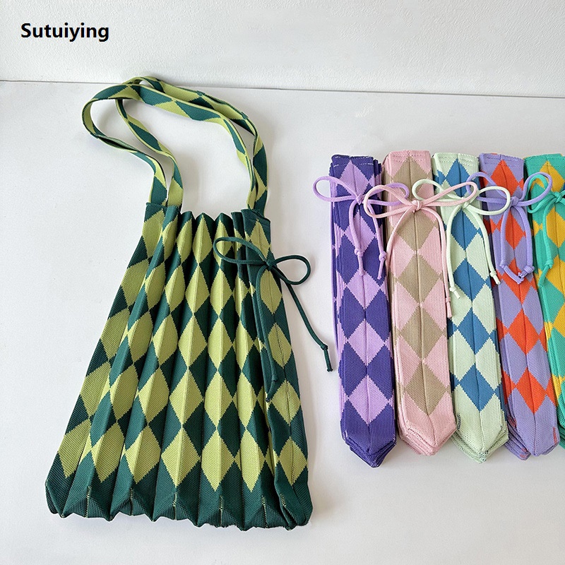 Sutuiying New Large Capacity Women's Knit Handbag Korean Fashion Designer Pleated New bag Shoulder Shopping Bag Foldable Reusable Portable Bag