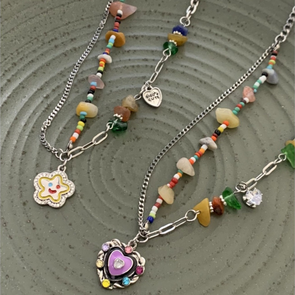 【New Arrivals】Colorful Beaded Smiley Face Necklace Love Pendant Neck Chain Women's Light Luxury Niche Design Millennium Style Clavicle Chain Sweet and Cool